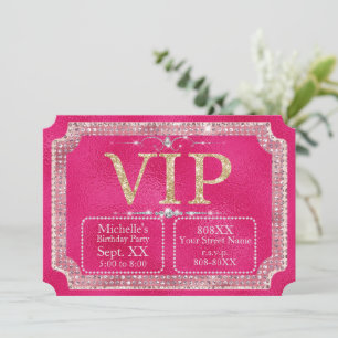 Hot Pink & Gold Glitter VIP Ticket Kaart