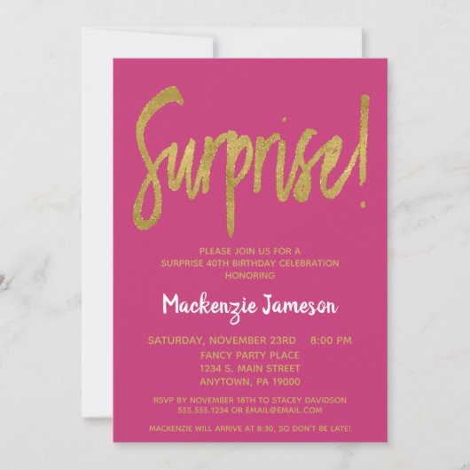 Hot Pink Gold Script Surprise Party Invitation (Devant)