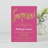 Hot Pink Gold Script Surprise Party Invitation (Debout devant)