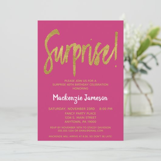 Hot Pink Gold Script Surprise Party Invitation (Debout devant)