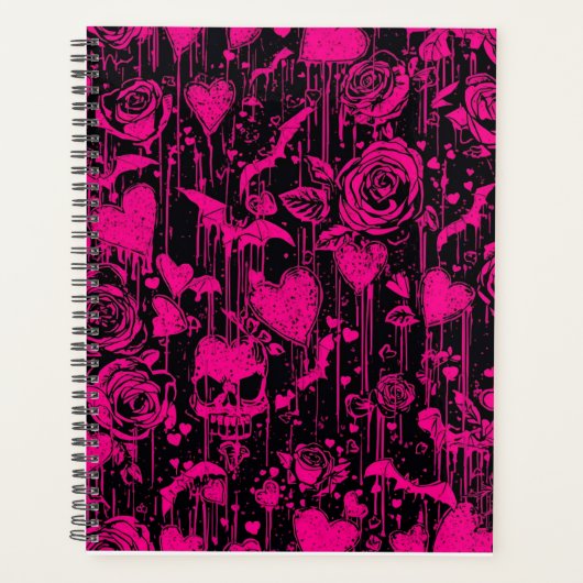 Hot Pink Gothic Roses & Skulls Pattern Planner (Voorkant)