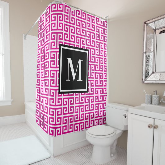 Hot Pink Greek Key Black White Monogram Douchegordijn (In situ)