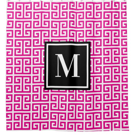 Hot Pink Greek Key Black White Monogram Douchegordijn (Voorkant)