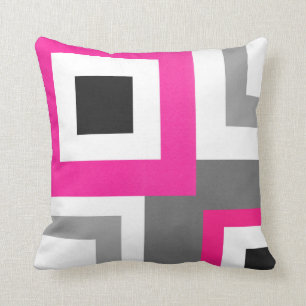 Hot Pink Grey Black White Geometric Squares Kussen