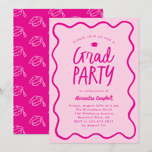 Hot Pink Hand Drawn Squiggle Afstudeerfeest Kaart