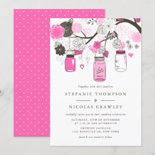 Hot Pink Hanging Mason Jars Wedding Kaart