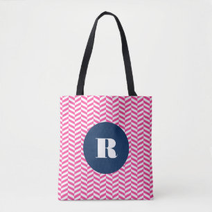 Hot Pink Herringbone Pattern Monogram Bag Draagtas