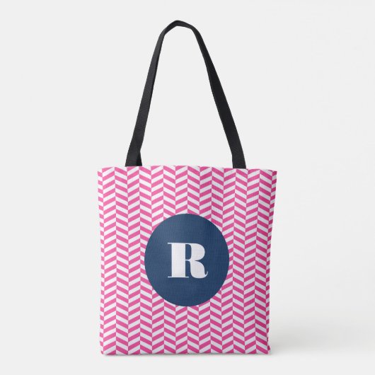Hot Pink Herringbone Pattern Monogram Bag Draagtas (Achterkant)