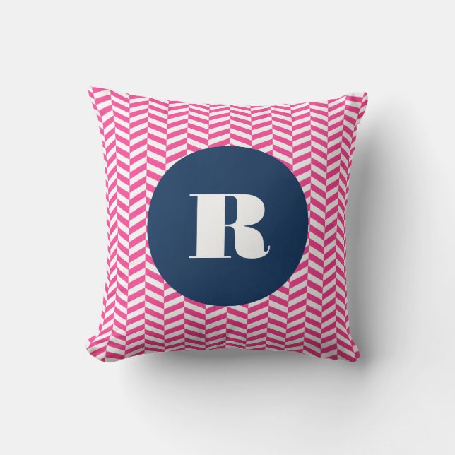 Hot Pink Herringbone Pattern Monogram Kussen (Voorkant)
