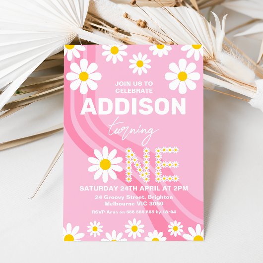 Hot Pink Hippy Wave Daisy 1st Verjaardag Uitnodigi Kaart