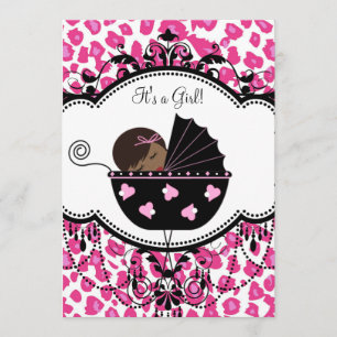 Hot Pink Leopard African American Baby Girl Shower Kaart