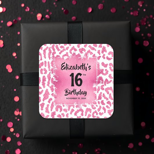Hot Pink Leopard Sweet 16 Verjaardag Vierkante Sticker