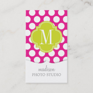 Hot Pink & Lime Green Big Polka Dots Monogramed Visitekaartje