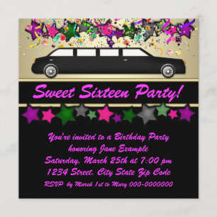 Hot Pink Limousine Sweet Sixteen Party Uitnodiging