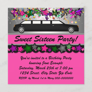 Hot Pink Limousine Sweet Sixteen Party Uitnodiging