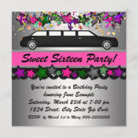 Hot Pink Limousine Sweet Sixteen Party Uitnodiging