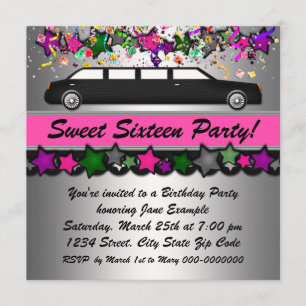 Hot Pink Limousine Sweet Sixteen Party Uitnodiging
