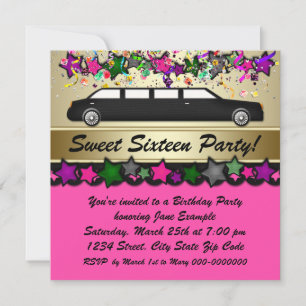 Hot Pink Limousine Sweet Sixteen Party Uitnodiging