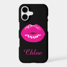 Hot Pink Lips Kiss Naam Monogram Black iPhone Case