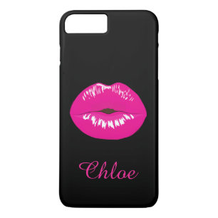 Hot Pink Lips Kiss Naam Monogram Black iPhone Case