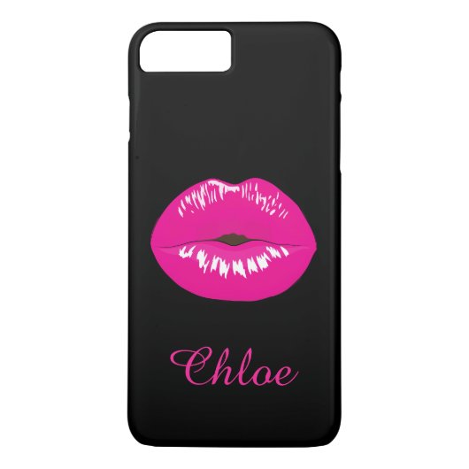 Hot Pink Lips Kiss Naam Monogram Black iPhone Case (Achterkant)