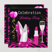 Hot Pink Lipstick Glitter Zebra Birthday Party Kaart (Voorkant / Achterkant)