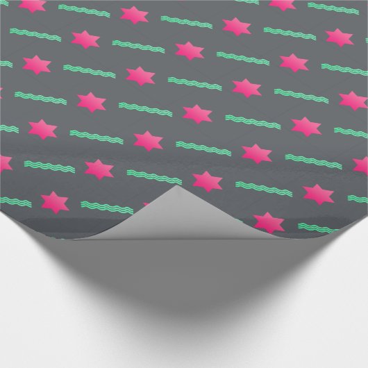 Hot Pink Magen David, Mint Streamers op Dark Grey Cadeaupapier (Hoek)
