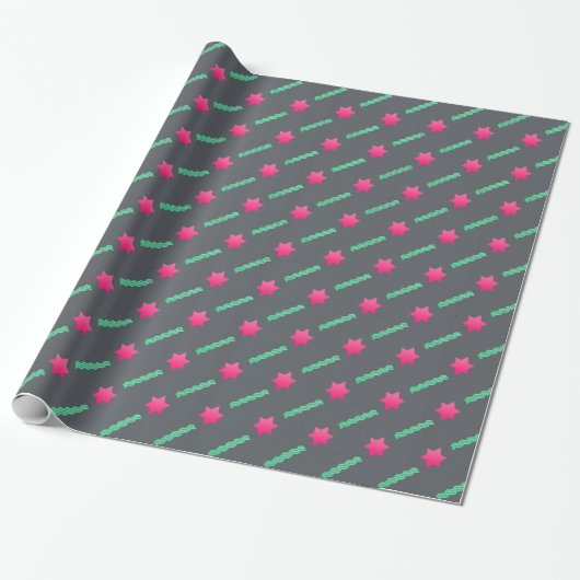 Hot Pink Magen David, Mint Streamers op Dark Grey Cadeaupapier (Uitgerold)