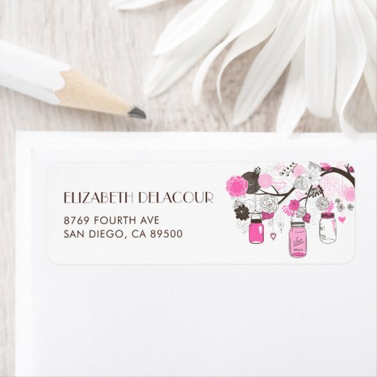 Hot Pink Mason Jars Floral Weddenschap Etiket (Insitu)