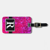 Hot Pink Metallic Glitter Modern Elegant Monogram Bagagelabel (Voorkant horizontaal)