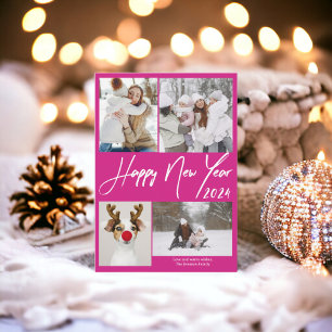Hot pink minimalist 5 foto's Gelukkig nieuwjaar 20 Feestdagenkaart