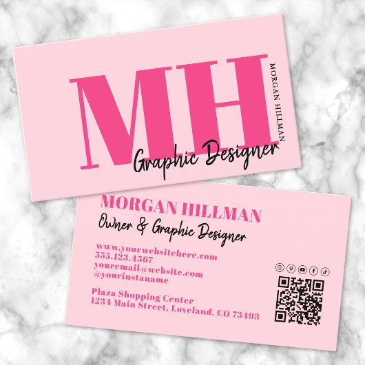 Hot Pink Modern QR-code monogram Visitekaartje