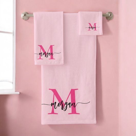 Hot Pink Modern Script Girly Monogram Naam Bad Handdoek