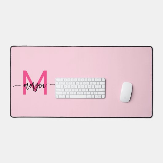 Hot Pink Modern Script Girly Monogram Naam Bureaumat (Keyboard & Muis)