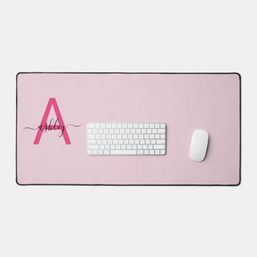 Hot Pink Modern Script Girly Monogram Naam Bureaumat (Keyboard & Muis)