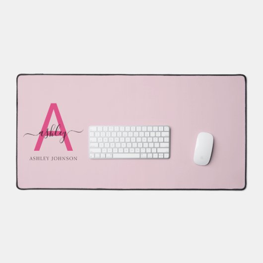 Hot Pink Modern Script Girly Monogram Naam Bureaumat (Keyboard & Muis)