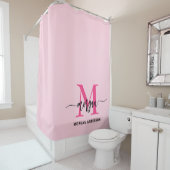 Hot Pink Modern Script Girly Monogram Naam Douchegordijn (In situ)