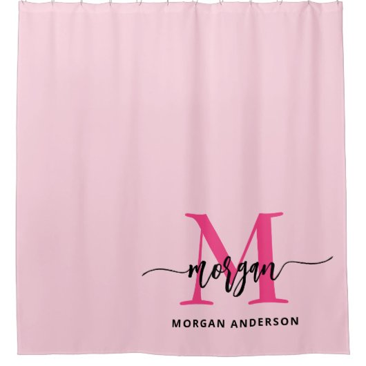 Hot Pink Modern Script Girly Monogram Naam Douchegordijn (Voorkant)
