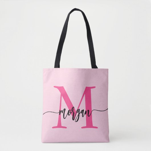 Hot Pink Modern Script Girly Monogram Naam Draagtas (Voorkant)