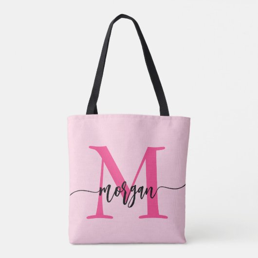 Hot Pink Modern Script Girly Monogram Naam Draagtas (Achterkant)