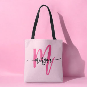 Hot Pink Modern Script Girly Monogram Naam Draagtas