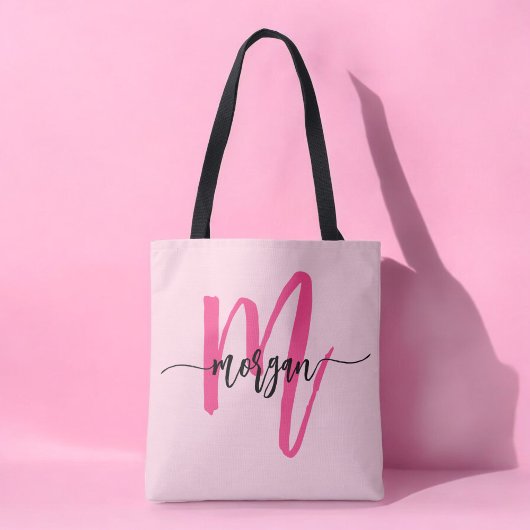 Hot Pink Modern Script Girly Monogram Naam Draagtas