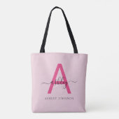 Hot Pink Modern Script Girly Monogram Naam Draagtas (Achterkant)