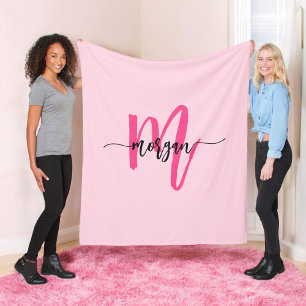 Hot Pink Modern Script Girly Monogram Naam Fleece Deken