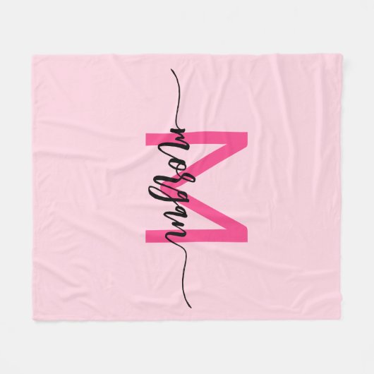 Hot Pink Modern Script Girly Monogram Naam Fleece Deken (Voorkant (Horizontaal))