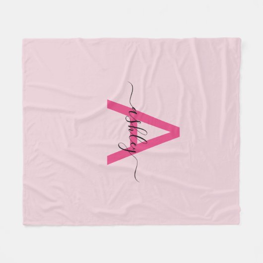 Hot Pink Modern Script Girly Monogram Naam Fleece Deken (Voorkant (Horizontaal))