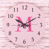 Hot Pink Modern Script Girly Monogram Naam Grote Klok