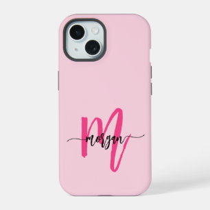 Hot Pink Modern Script Girly Monogram Naam iPhone 15 Hoesje