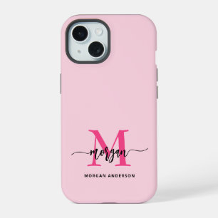 Hot Pink Modern Script Girly Monogram Naam iPhone 15 Hoesje