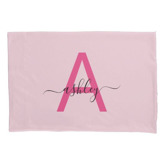 Hot Pink Modern Script Girly Monogram Naam Kussensloop (Voorkant)